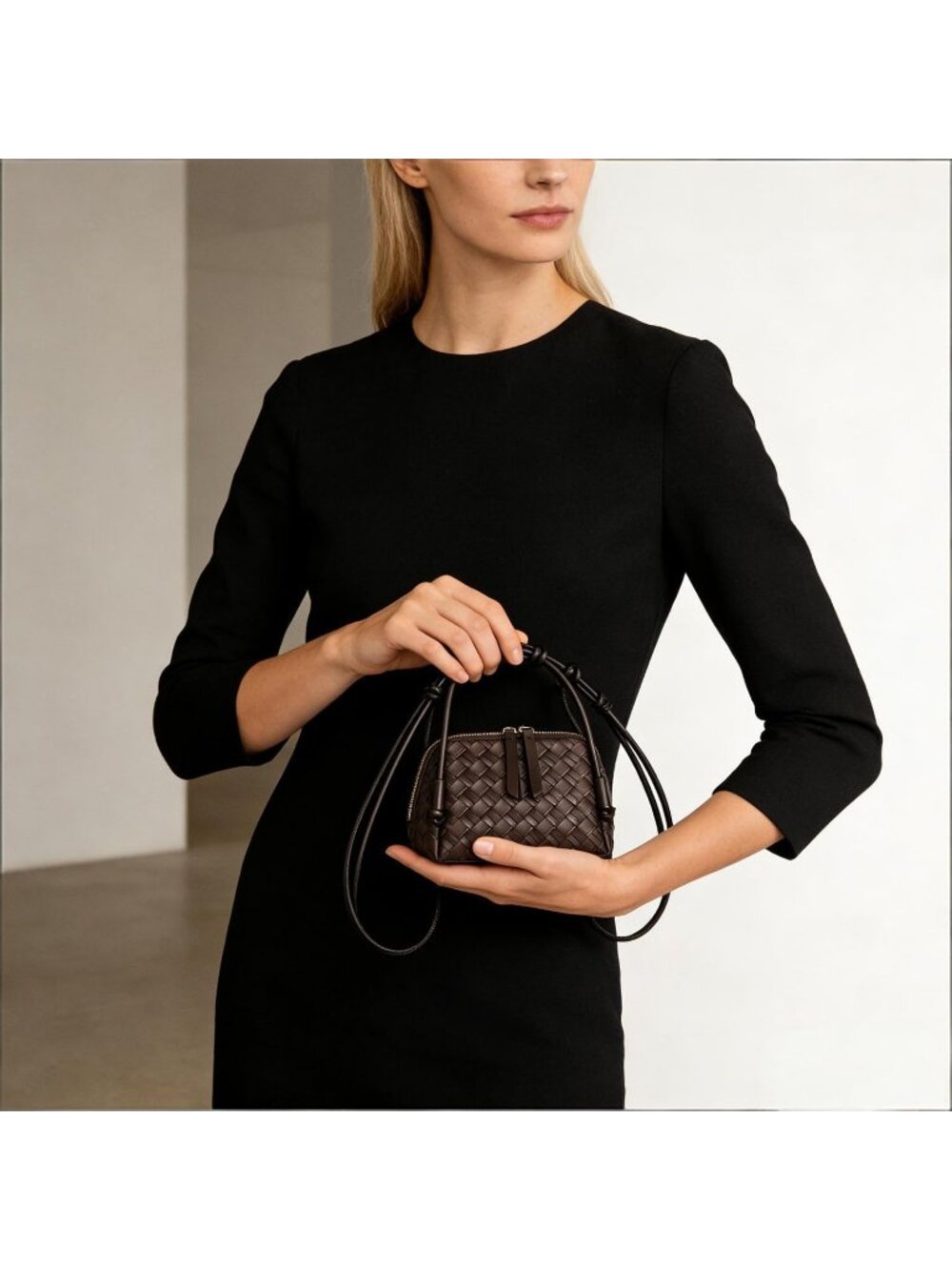 Women's Coffee Woven PU Leather Mini Satchel Adjustable Strap Crossbody Bags - Picture 2 of 6